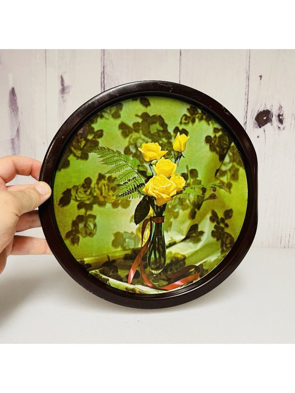Vintage Yellow Roses Metal Serving Tray Round Floral Tin 11 Inch MCM Brown Rim